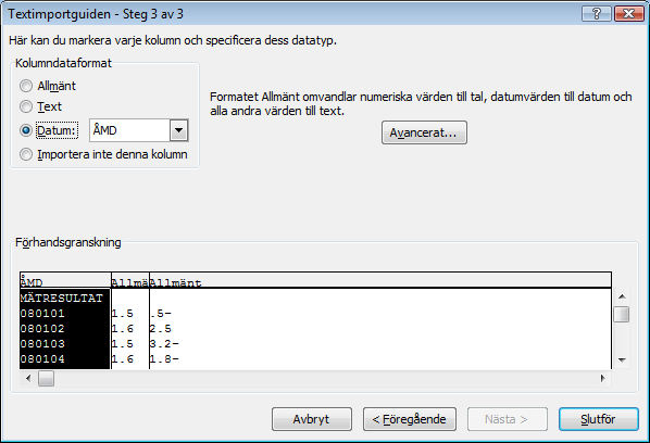 I andra steget kontrollerar guiden vilken typ av avgränsare (separator), som ursprungsfilen använt. I vårt fall finner den (korrekt), att Tabb (Tab) använts. Välj Nästa.