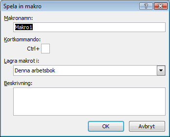 Övningsuppgift Skapa ett makro som stänger av rutnätet (Stödlinjer - Gridlines, hittas under Visa - View). Namnge makrot till RUTNÄTAV och koppla det till kortkommandot CTRL + r.