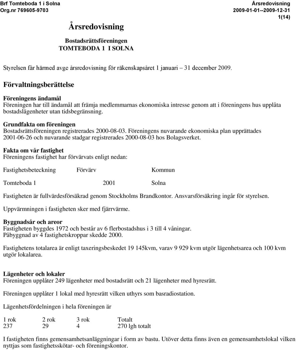 Grundfakta om föreningen Bostadsrättsföreningen registrerades 2000-08-03. Föreningens nuvarande ekonomiska plan upprättades 2001-06-26 och nuvarande stadgar registrerades 2000-08-03 hos Bolagsverket.