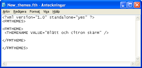 Kapitel 3 Anpassa databaslösningar 27 Krav på temafiler Alla temafiler måste inledas med ett bearbetningskommando i XML-dokumentet som förklarar att detta är ett XML-dokument där XML 1.