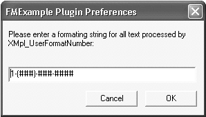 Kapitel 5 Utveckla tredjeparts FileMaker-plugin-program 39 Funktionsnamn och parameter XMpl_UserFormatNumber (textellertal) XMpl_FormatNumber(formatString; textellertal) Beskrivning av extern