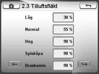 22 Värmeåtervinningsagggregat ILOX 129 Montering, drift och skötsel Kontrollpanel handhavande, igångkörning Standard Alternativ 2 - Mata in önskat värde, bekräfta med.