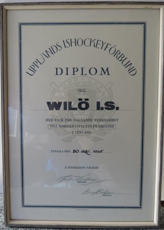 I samband med föreningens 20-årsjubileum tilldelades Wilö Upplands Ishockeyförbunds diplom den 30/1965: Tisdagen den 9 november 1965, ishockeyträning Enavallen klockan 18 19.