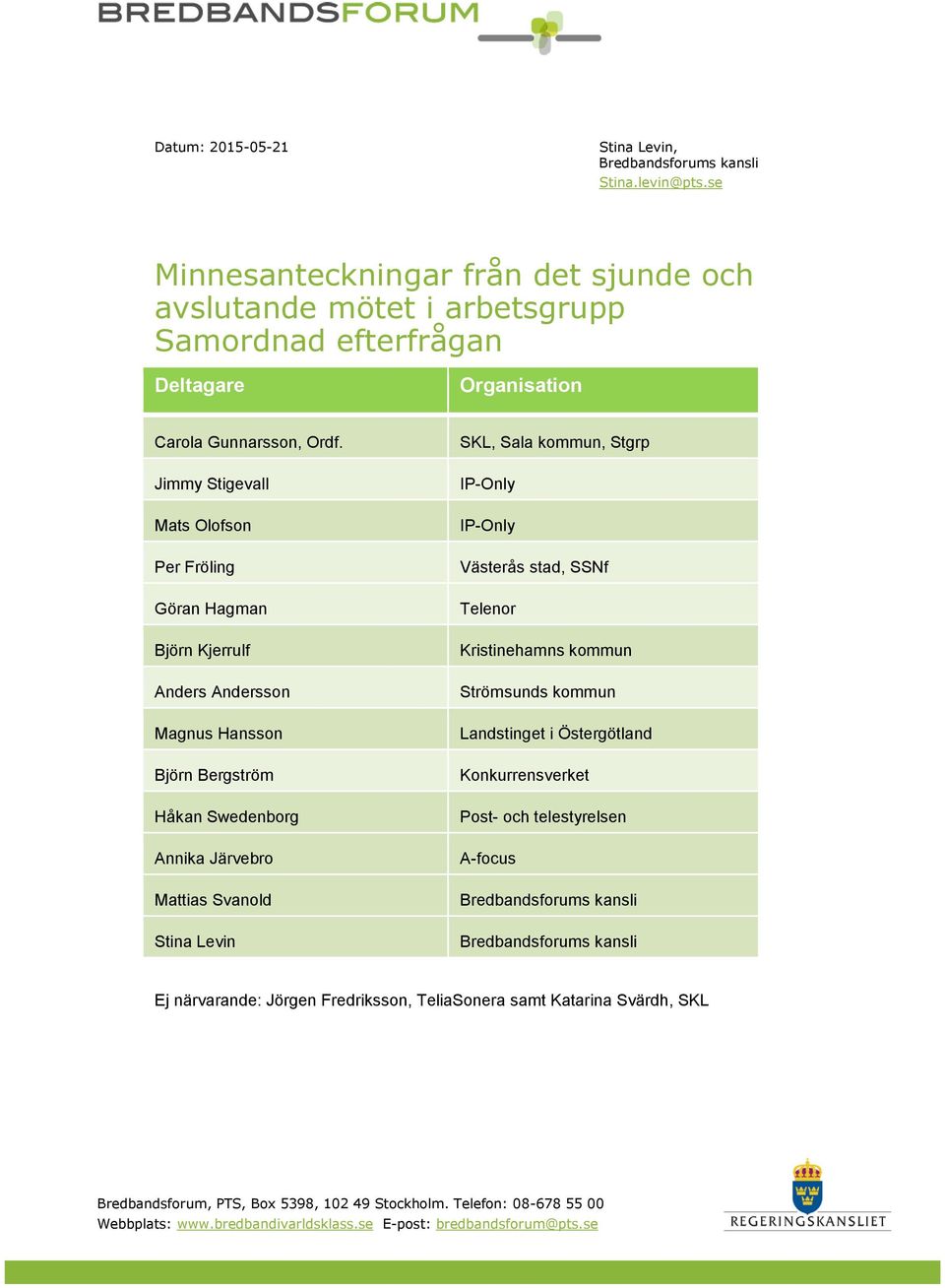 kommun, Stgrp IP-Only IP-Only Västerås stad, SSNf Telenor Kristinehamns kommun Strömsunds kommun Landstinget i Östergötland Konkurrensverket Post- och telestyrelsen A-focus Ej närvarande: