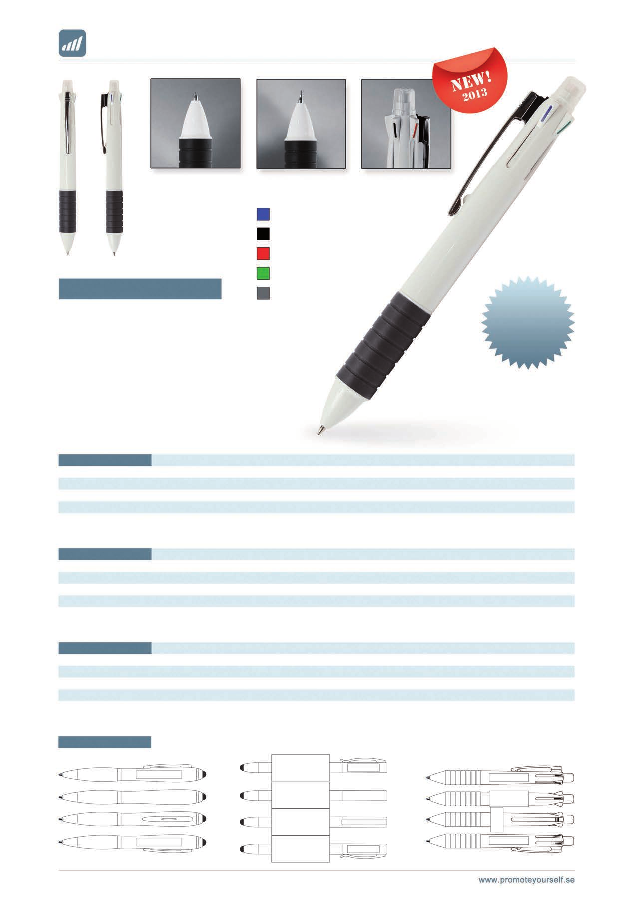 1,0mm kulspets i fyra färger 0,5mm blyerts (påfyllbar) Radergummi 136-011 vit/grå Blått bläck Svart bläck Rött bläck X5 Flerfunktionspenna med kulspets i fyra olika färger, samt påfyllbar blyerts i