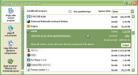 Avinstallation Telenor esms avinstalleras enklast genom att gå in i Start Program esms Avinstallera och följa instruktionerna.