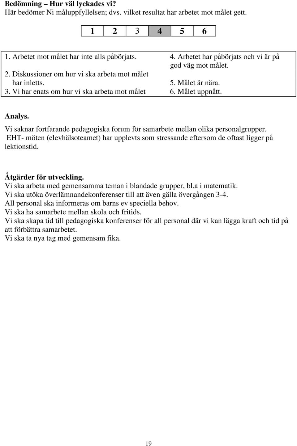 Vi saknar fortfarande pedagogiska forum för samarbete mellan olika personalgrupper. EHT- möten (elevhälsoteamet) har upplevts som stressande eftersom de oftast ligger på lektionstid.