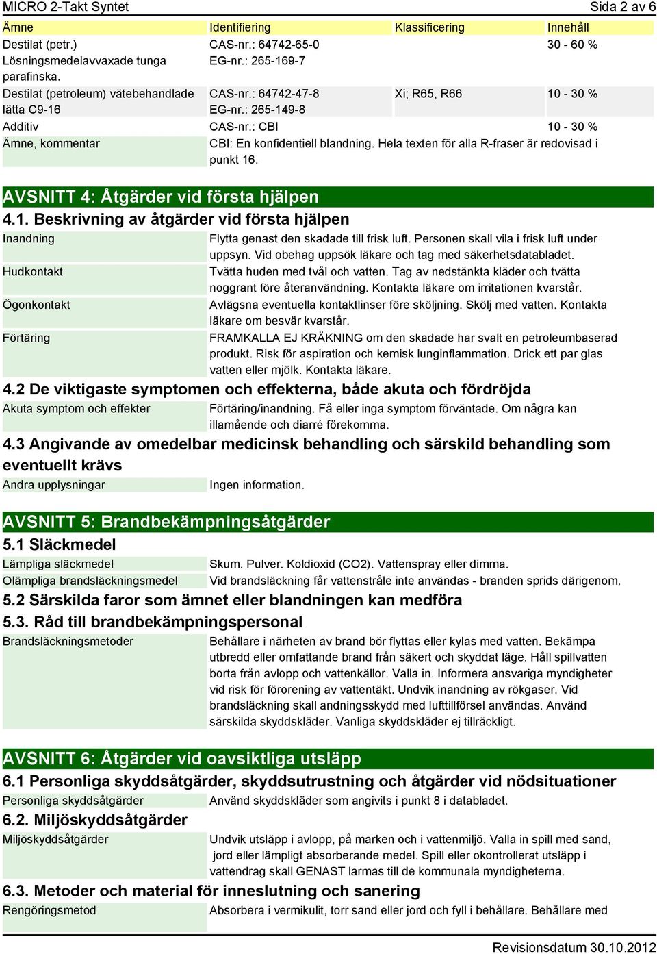 : CBI 10-30 % Ämne, kommentar CBI: En konfidentiell blandning. Hela texten för alla R-fraser är redovisad i punkt 16. AVSNITT 4: Åtgärder vid första hjälpen 4.1. Beskrivning av åtgärder vid första hjälpen Inandning Hudkontakt Ögonkontakt Förtäring Flytta genast den skadade till frisk luft.