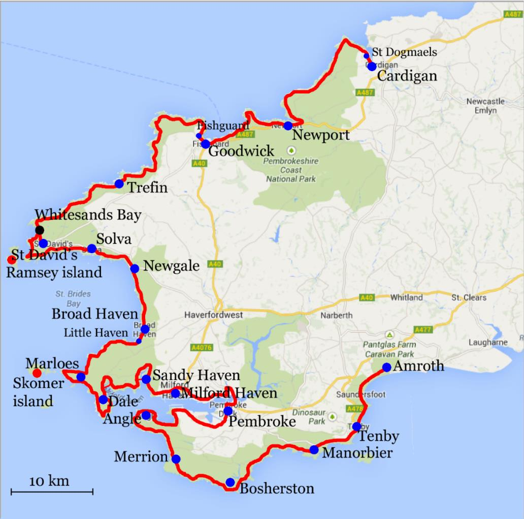 Pembrokeshire Coast Path, Pembroke St David s, 7 nätter 6(7) Pembrokeshire Coast Path År 1952 fick Pembrokeshires kust utmärkelsen Nationalpark, och då föreslog naturälskaren Ronald Lockley en lång