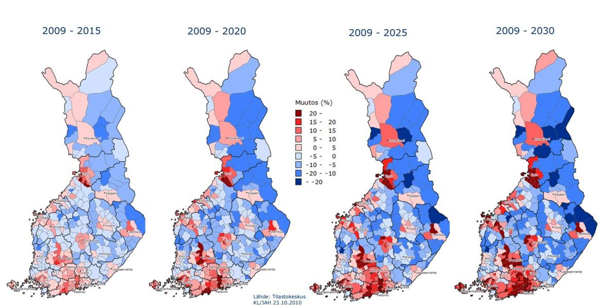 Befolkningsförändring per kommun 2009 2030 Förändring, hela landet 2,9 %Förändring, hela landet 5,3% Förändring, hela