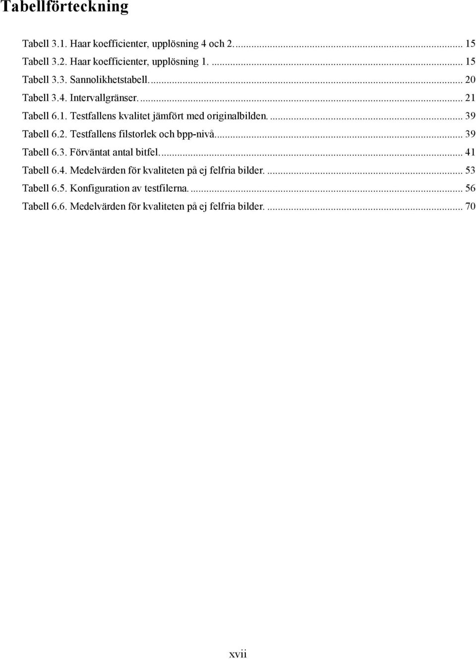 .. 39 Tabell 6.3. Förväntat antal bitfel... 41 Tabell 6.4. Medelvärden för kvaliteten på ej felfria bilder.... 53