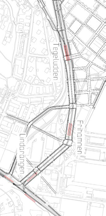 Östlig förbindelse 21(44) 5.2.2 Lindarängen Tegeludden Genom Norra Djurgårdsstaden utnyttjas den redan planerade Spårväg City till att även omhänderta spårvägstrafiken genom Östlig förbindelse.