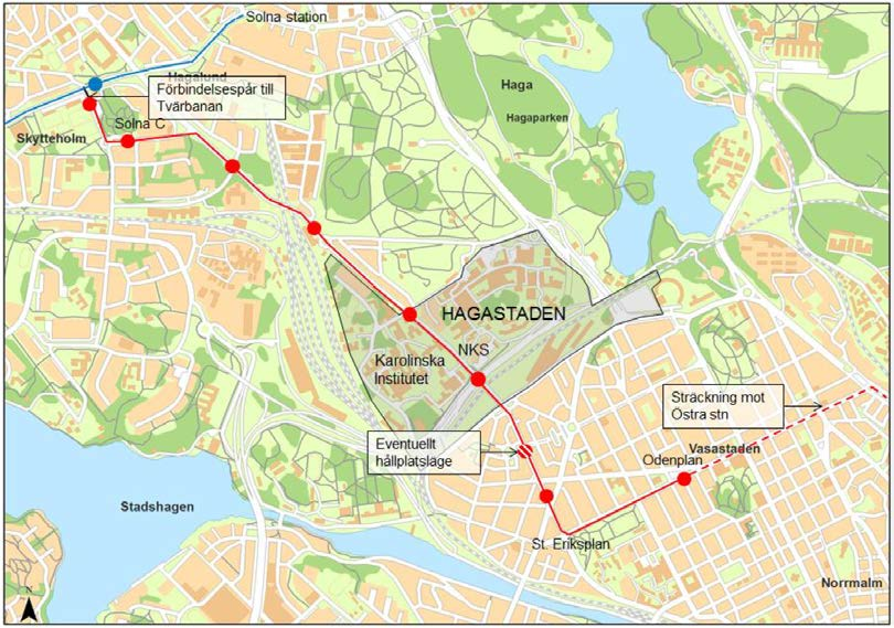 Östlig förbindelse 37(44) Figur 4.8 Studerad sträckning av spårväg från Odenplan till Solna centrum.