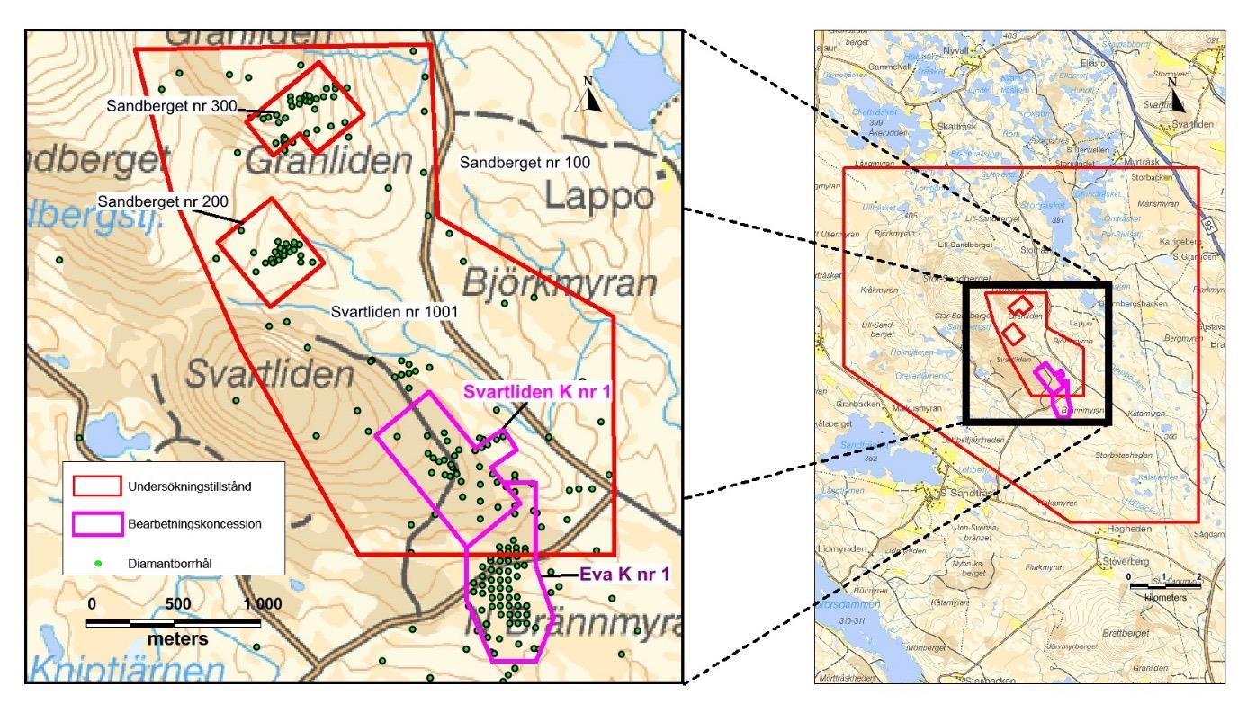 Figur 2. Karta över undersökningstillstånd och bearbetningskoncessioner inom Copperstoneprojektet per 2016-03-31.