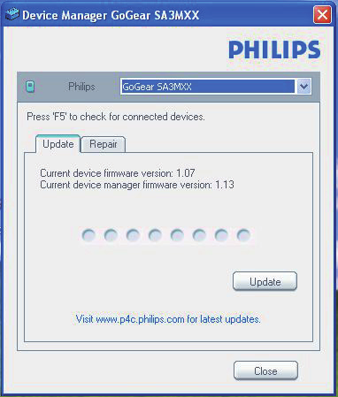 8 Uppdatera den fasta programvaran med hjälp av Philips Device Manager Sök efter uppdateringar av fast programvara 1 Se till att du har anslutit datorn till internet. 2 Starta Philips Device Manager.