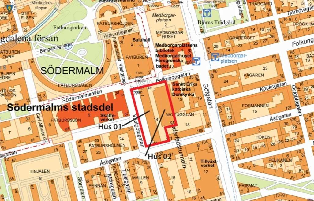 SID 2 (9) teknikvåning. Hus 02 på Folkungagatan 44/Åsögatan 101 från 1986 är en kontorsbyggnad i fem våningar som står ovanpå Söderleden.