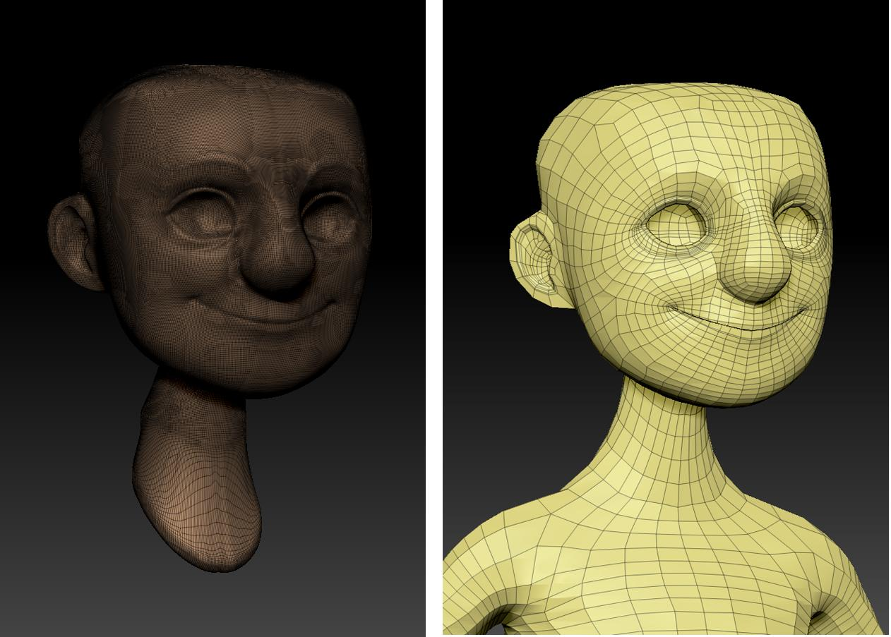 Modellens ansikte gjort i Dynamesh till vänster och efter omtopologisering till höger.