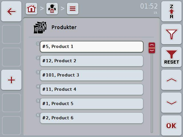 4.2.12 Produkter I menyalternativet Produkter finns en förteckning över sparade produkter. En produkt är ett medel som används för utförandet av en tillämpning på en åker, t.ex.