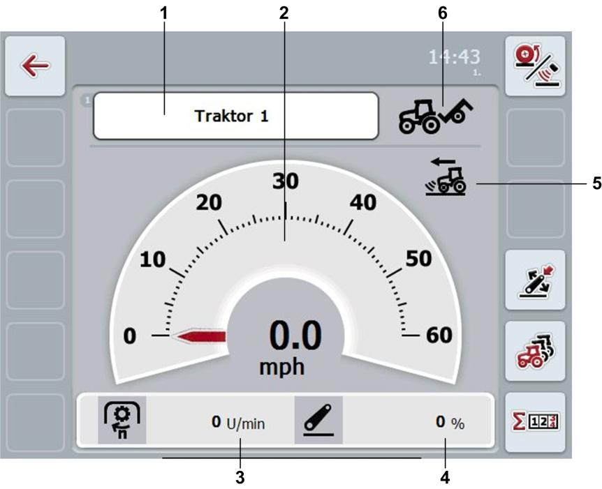 4.2 Huvudvy Huvudvyn för CCI.Tecu innehåller följande information: 1. den aktuella traktorns namn 2. hastighet 3. kraftuttagsvarvtal 4. 3-punktsupphängningens position 5. vald hastighetssensor 6.