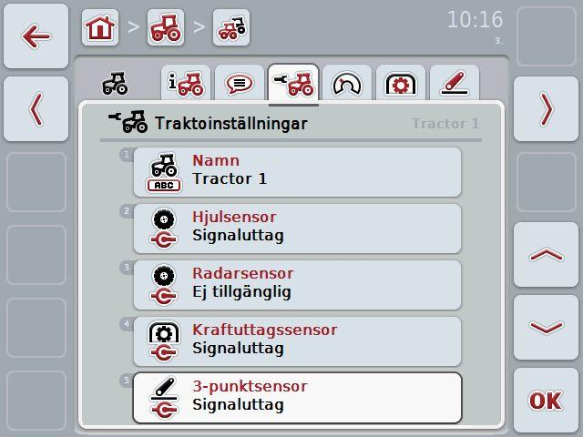 4.3.3.3 Traktorinställningar under denna flik visas traktorns namn och inställningarna för hjulsensorn, radarsensors, kraftuttagssensors och 3-punktsupphängningssensorn.