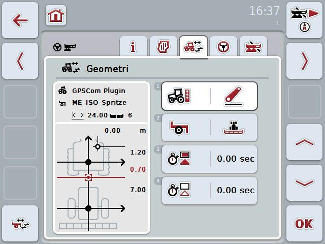 4.3.3 Geometri På den här fliken visas GPS-antennens position, maskinens konstruktion, avståndet mellan navigations- och kopplingspunkten, fördröjningstiderna och antalet delbredder i visningsområdet.