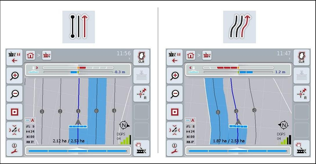 Parallellkörläge Det finns två olika parallellkörlägen A-B-läge Kurvläge A-Bläge: Kurvläge: Föraren ställer in en A-punkt, kör vidare och ställer in en B- punkt.