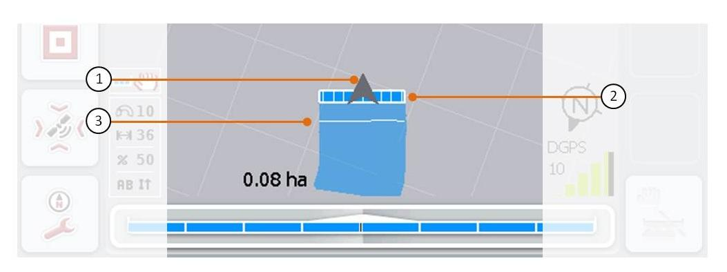 Visning av maskinen Maskinen visas fixerad i den nedre tredjedelen av kartan. Kartan roterar runt maskinen. Pilen (1) visar positionen för traktorreferenspunkten (bakaxelns mittpunkt).