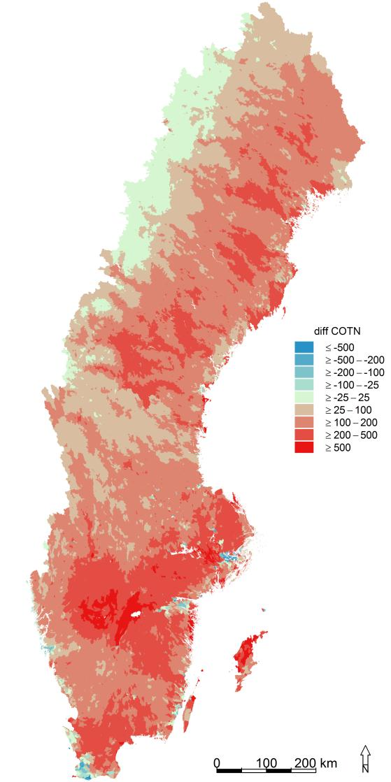 S-HYPE: Förändringar Tot-N (μg/l) Från 1995 till 2050.