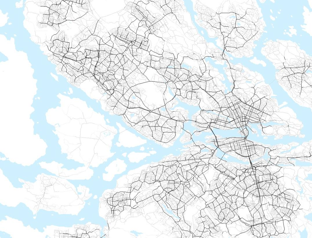 Karta som visar rumslig integration, hur olika gator och delar av staden är relaterade till varandra. Mörkare stråk har nära till stadens övriga stadsrum. Ljusa stråk är mer rumsligt segregerade.