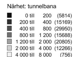 Närhet till arbetsplatser mätt från varje adresspunkt i Södertälje (Legeby 2010).