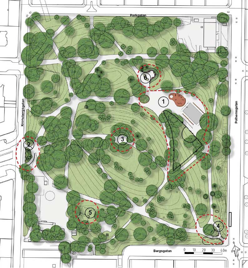 SID 4 (7) Delområden I programmet för upprustning har parken delats in i olika delområden inom vilka åtgärder föreslås utföras. Kronobergsparken med programmets olika delområden utmärkta.