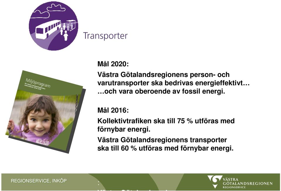 Mål 2016: Kollektivtrafiken ska till 75 % utföras med förnybar energi.