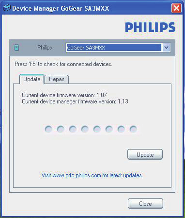 7 Uppdatera den fasta programvaran med hjälp av Philips Device Manager Sök efter uppdateringar av fast programvara 1 Se till att du har anslutit datorn till internet. 2 Starta Philips Device Manager.