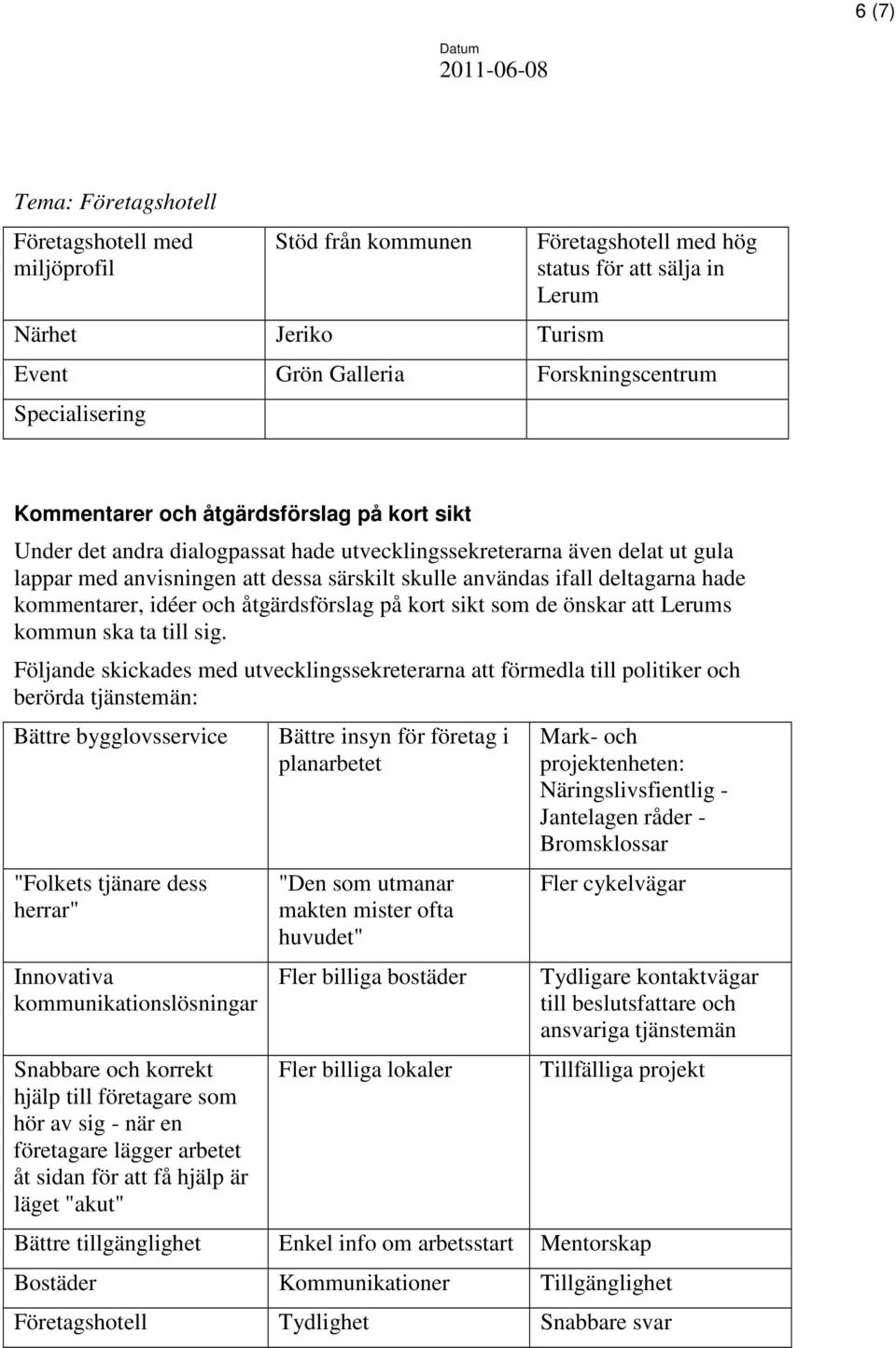 deltagarna hade kommentarer, idéer och åtgärdsförslag på kort sikt som de önskar att Lerums kommun ska ta till sig.