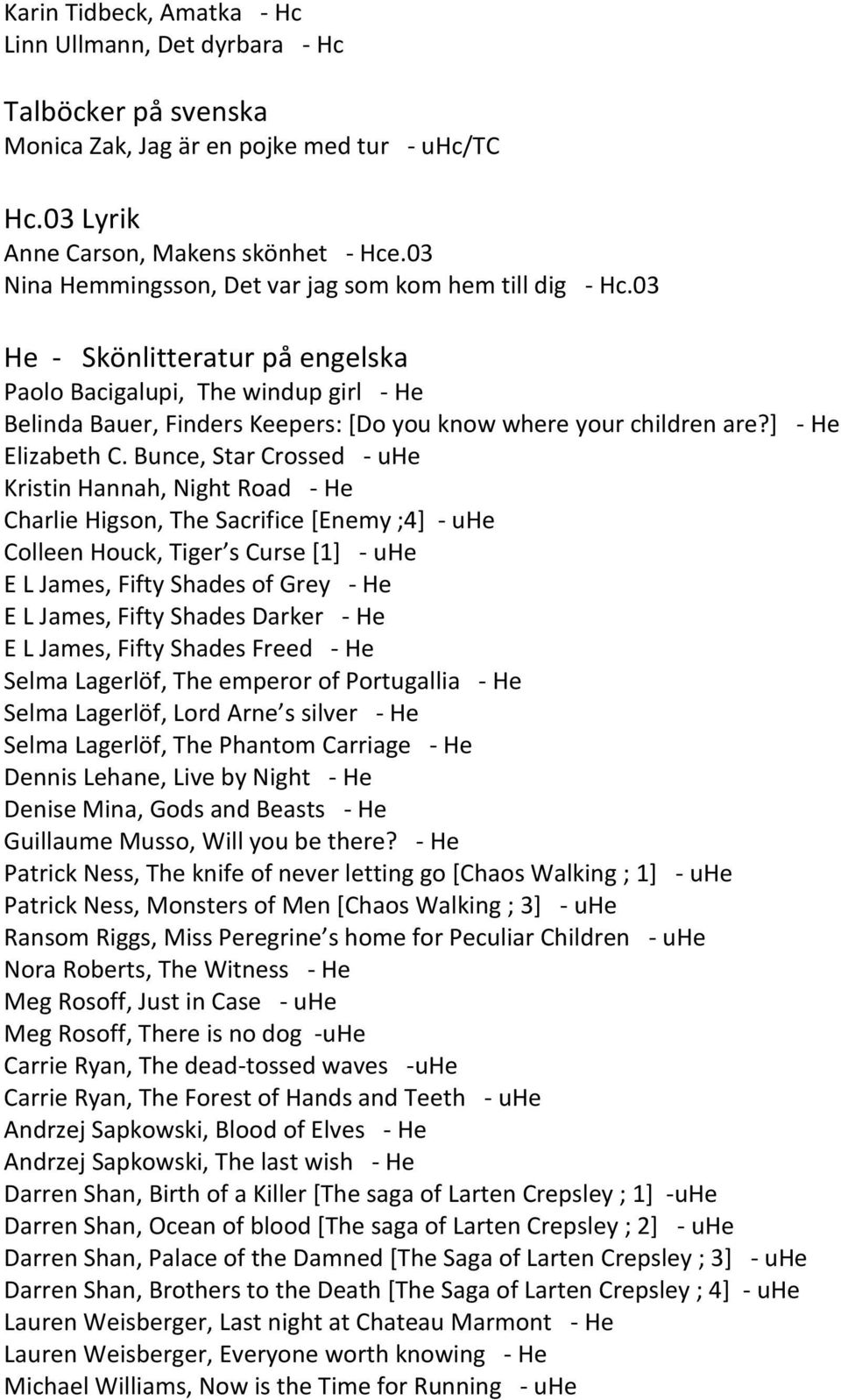 03 He - Skönlitteratur på engelska Paolo Bacigalupi, The windup girl - He Belinda Bauer, Finders Keepers: [Do you know where your children are?] - He Elizabeth C.