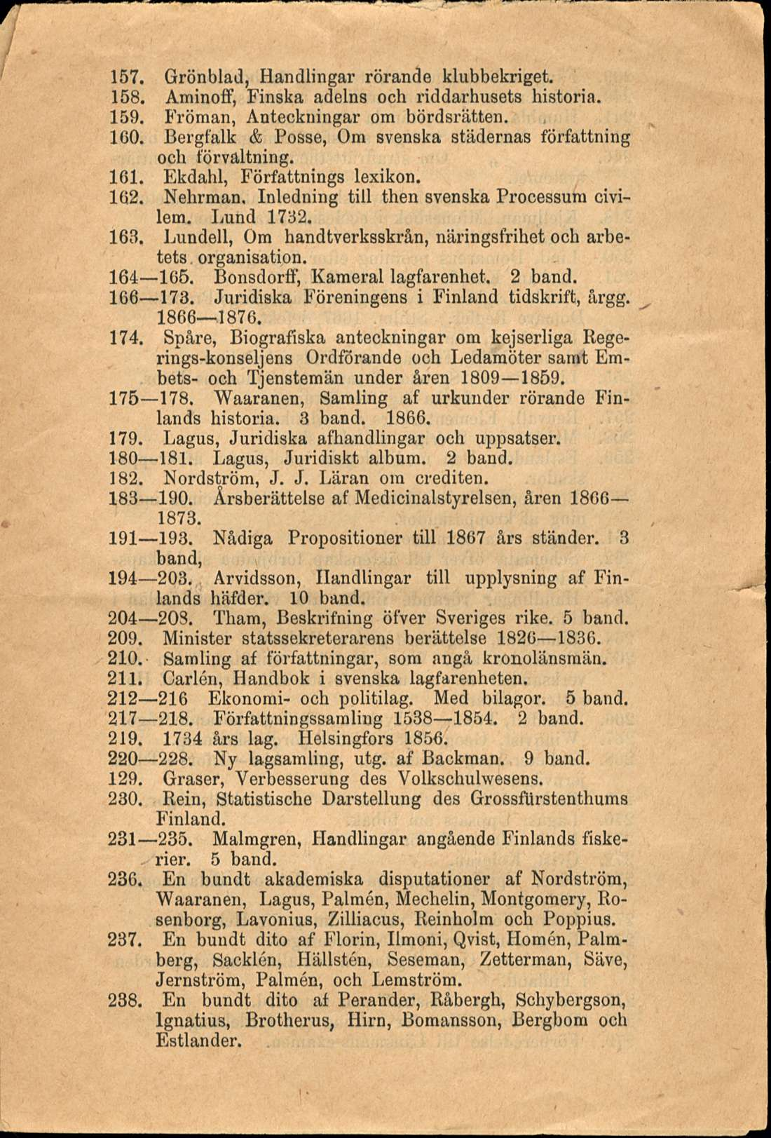 157, Grönblad, Handlingar rörande klubbekriget. 158, Aminoff, Finska adelns och riddarhusets historia. 159, Fröman, Anteckningar om bördsrätten. IGO.