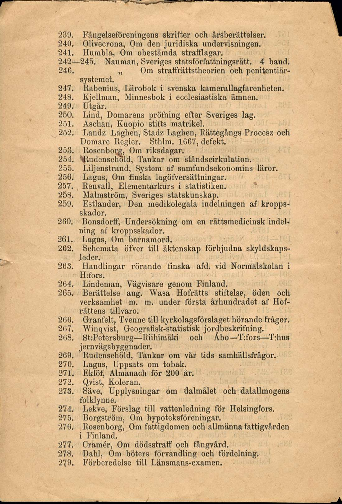 239. Fängelseföreningens skrifter och årsberättelser. 240. Olivecrona, Ora den juridiska undervisningen. 241. Humbla, Ora obestämda strafflagar. 242 245. Naaman, Sveriges statsförfattningsrätt.