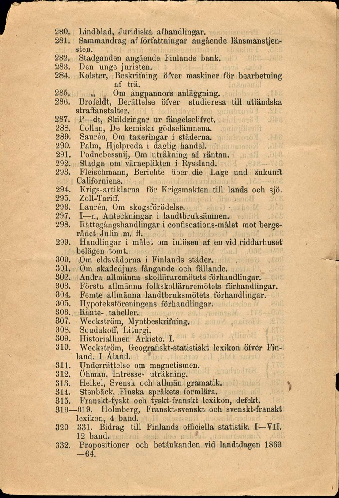 280. Lindblad, Juridiska afhandlingar. 281. Sammandrag af författningar angående länsmanstjensten. 282. Stadganden angående Finlands bank. 283. Den unge juristen. 284.