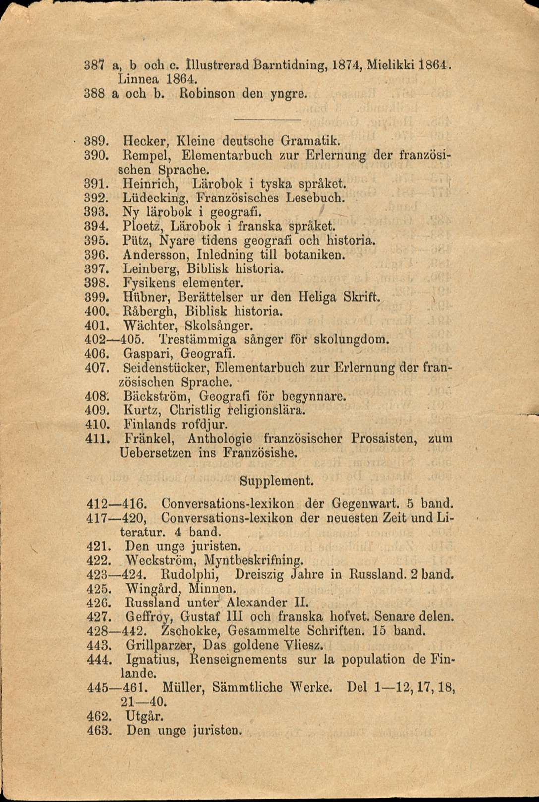 387 a, b och c. lllustrerad Barntidning, 1874, Mielikki 1864. Linnea 1864. 388 a och b. Robinson den yngre. 389. Hecker, Kleine deutsche Gramatik. 390.