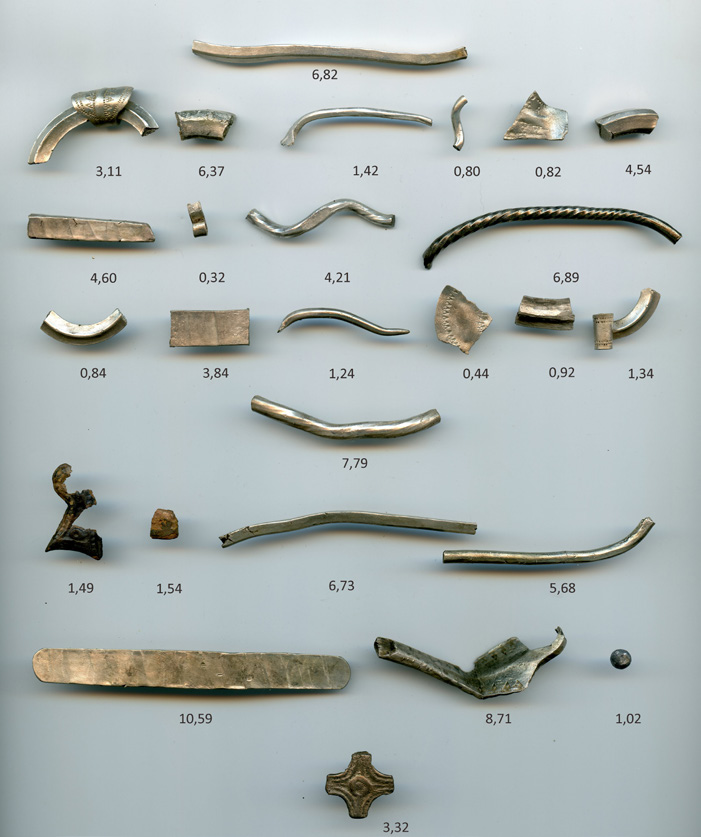 Fig. 4. Varja I. Danmark. Knud 1018-1035. Viborg. Fig. 5. Varja II. Sverige. Anund Jakob 1022-1050. Sigtuna, Thotmoth. Fig. 6. Silverföremål i Varja I. på ett tidigare okänt sätt.