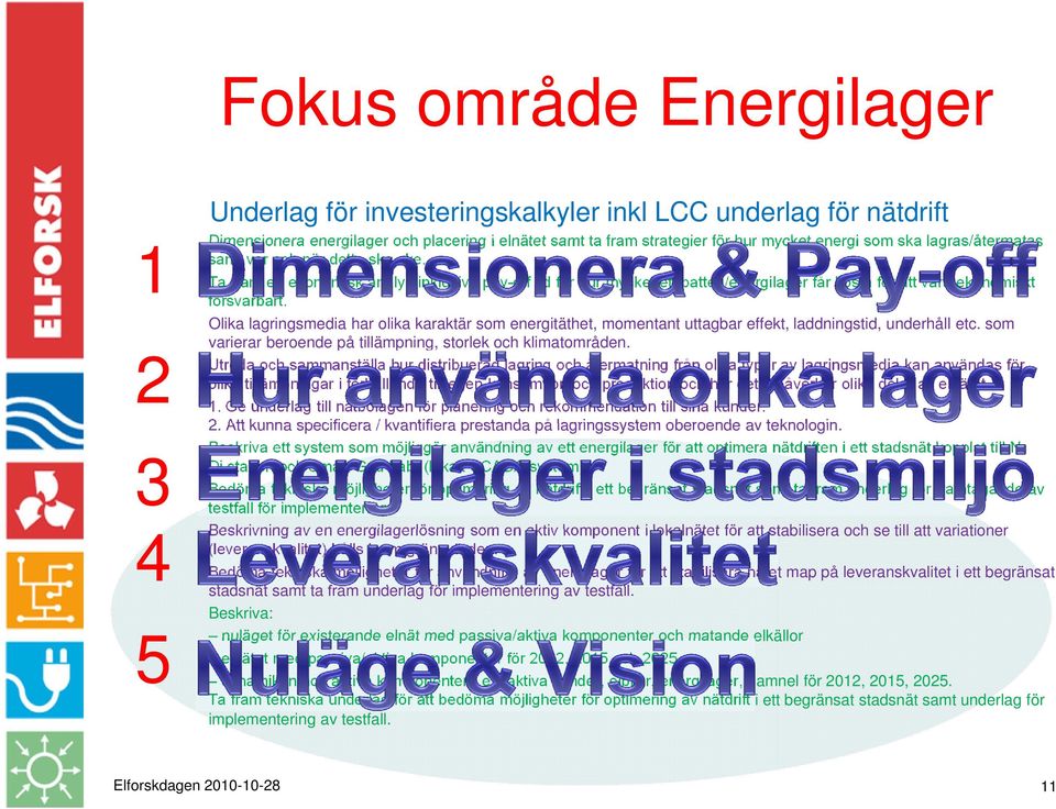 Olika lagringsmedia har olika karaktär som energitäthet, momentant uttagbar effekt, laddningstid, underhåll etc. som varierar beroende på tillämpning, storlek och klimatområden.