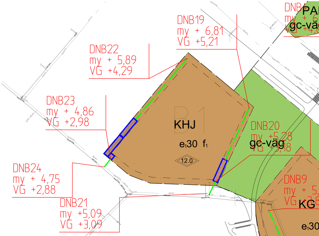 Område B1 Figur 15. Skiss på dagvattenhantering inom område B1. Möjlig placering av underjordiska magasin är markerat med blått och pilar. Avledningsprincip är markerat med grönt.