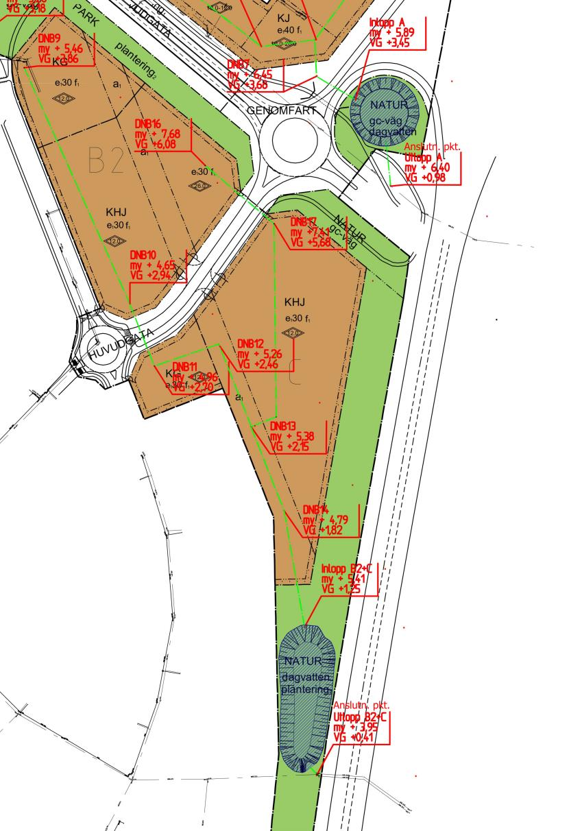 Område B2+C Figur 16. Skiss på dagvattenhantering inom område B2+C. Möjlig placering av dagvattendamm är markerad med blått och pil. Avledningsprincip är markerat med grönt.