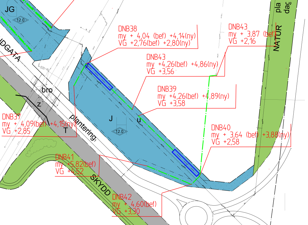 Område H, alternativ 2 Figur 20. Skiss på dagvattenhantering inom område H. Möjlig placering av dagvattenkassetter är markerat med blått och pilar. Avledningsprincip är markerat med grönt.