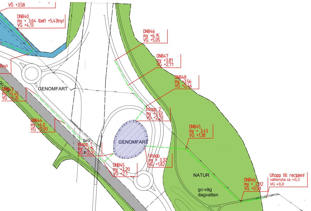 Område I Figur 21. Skiss på dagvattenhantering inom område I. Möjlig placering av dagvattendamm är markerat med blått och med en pil. Avledningsprincip är markerat med grönt.