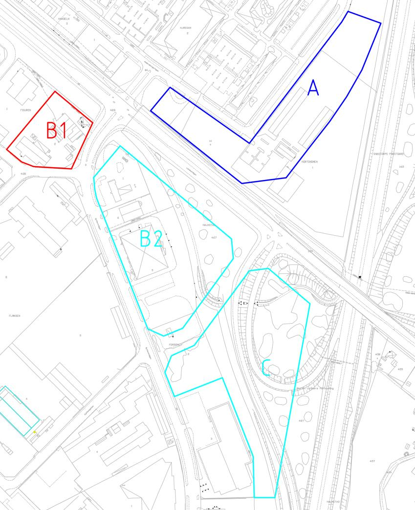 2.4 Område 1: Befintliga förhållanden Område 1 innefattar tre delområden som benämns A, B1 och B2+C. Varje delområde utreds separat och redovisas i detta PM. 2.4.1 Exploateringsområdenas avgränsning och topografi Område A, B1 och B2+C är totalt ca 9,8 ha stort och ligger vid infarten från E6/E20:an till de södra delarna av Halmstad, se figur 1.