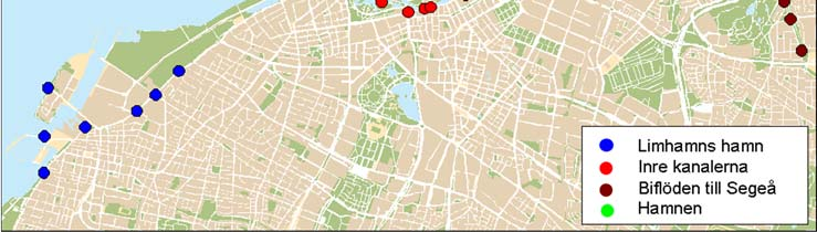 Figur 3. Bräddpunkter på ledningsnätet i Malmö. Ledningssystemets nedre delar används som utjämningsvolymer för att kontrollera tillrinningen till Klagshamnsverket.