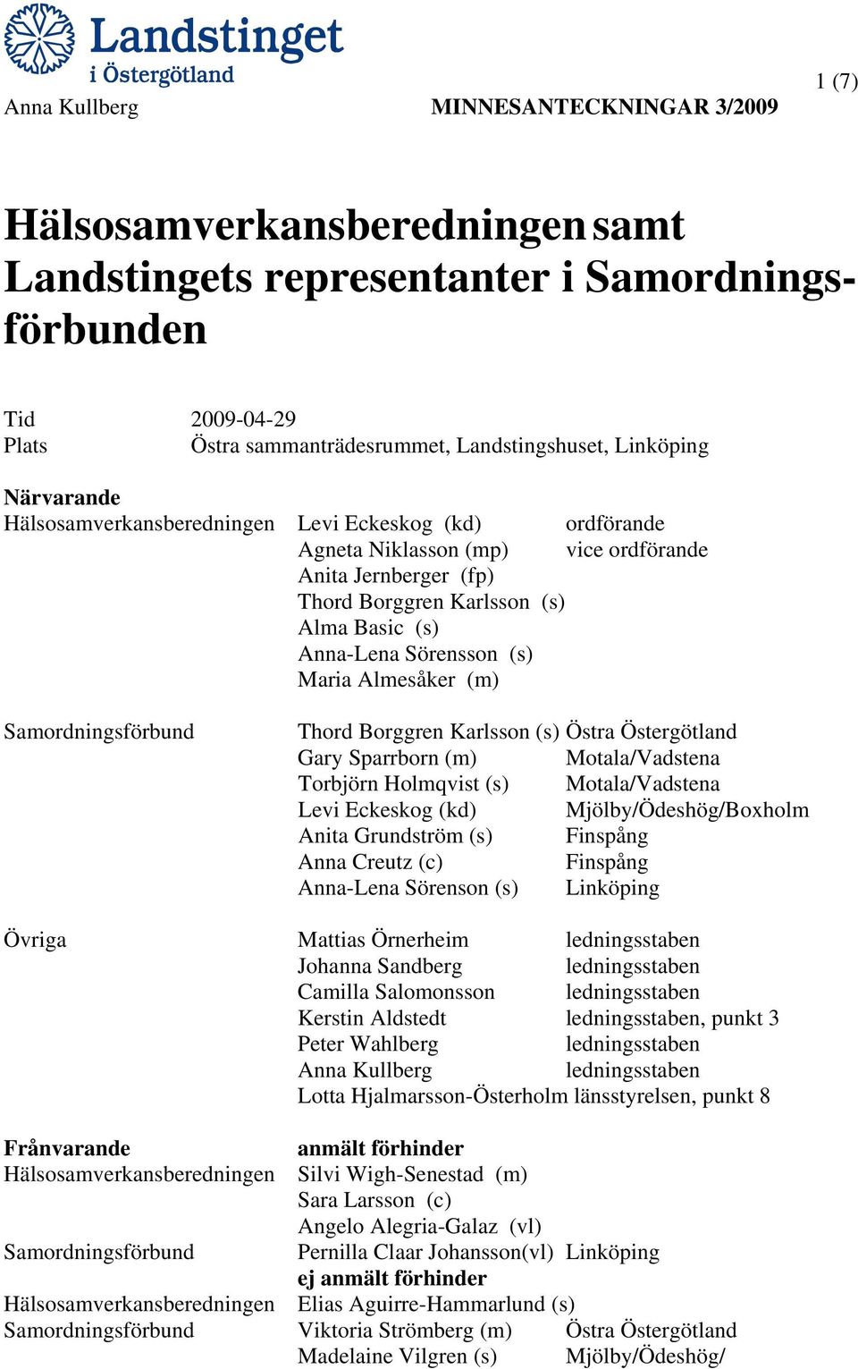 (m) Samordningsförbund Thord Borggren Karlsson (s) Östra Östergötland Gary Sparrborn (m) Motala/Vadstena Torbjörn Holmqvist (s) Motala/Vadstena Levi Eckeskog (kd) Mjölby/Ödeshög/Boxholm Anita