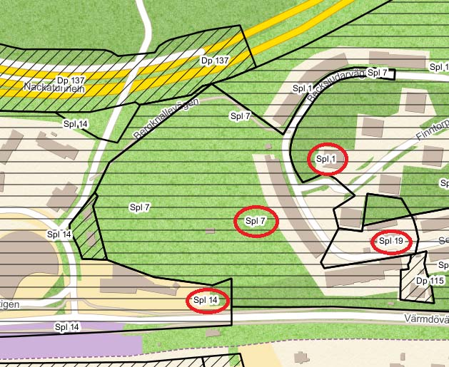 STARTPROMEMORIA 10 (14) Urklipp ur Intern-GIS. Berörda stads- och detaljplaner är inringade. Stadsplan 1 (1949) för Finntorp reglerar bland annat mark för bostadsbebyggelse.