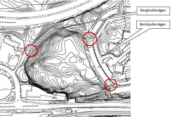 STARTPROMEMORIA 12 (14) Möjliga angöringspunkter till kommande bebyggelse på berget Storlek och våningsantal på kontorshuset kommer begränsas av främst riskavstånd till Värmdöleden (25 meter) men